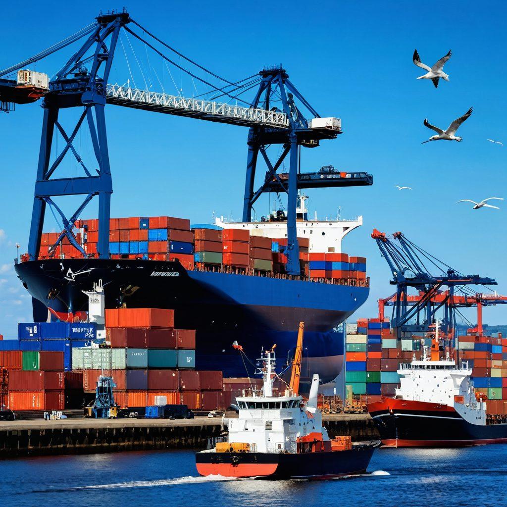 A bustling port scene at Duluth's Maritime Hub, showcasing large cargo ships being loaded with containers, with cranes in action, and seagulls flying overhead. The backdrop features the iconic Lift Bridge and a clear blue sky, representing progress and innovation in shipping. Vibrant colors highlight the activity, while a semi-transparent overlay displays futuristic trade routes and digital graphics of shipping trends. 3D, super-realistic, oceanic theme.