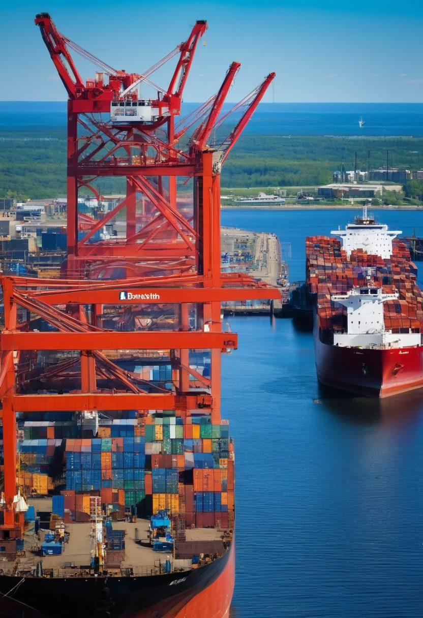 A panoramic view of Duluth's bustling port, showcasing massive cargo ships being loaded and unloaded, with cranes in action against a backdrop of the Great Lakes. Include workers in safety gear and containers stacked in vibrant colors, symbolizing trade activity. The skyline of Duluth in the distance under a bright blue sky. This scene should convey energy and growth in port operations. super-realistic. vibrant colors.
