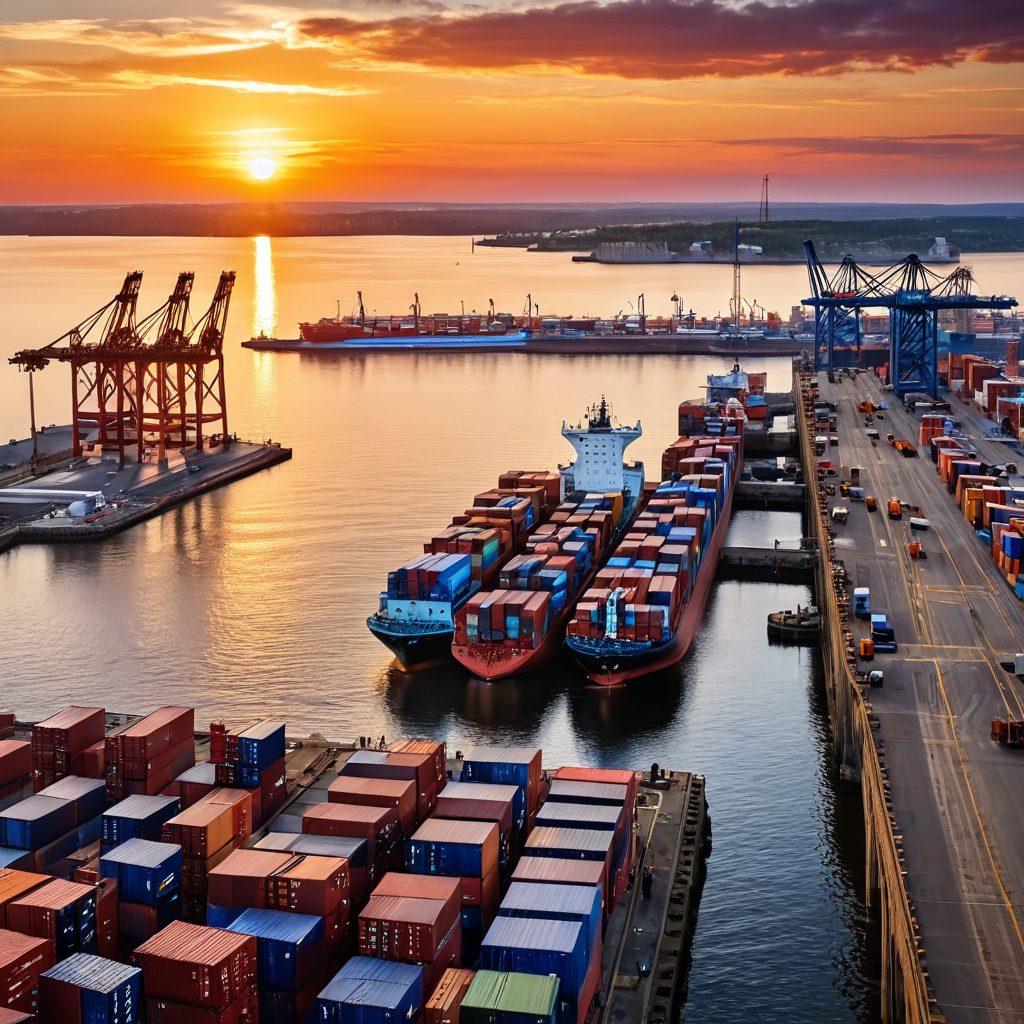 A bustling maritime port in Duluth, featuring cargo ships and cranes loading containers, with a vibrant sunset in the background. Include diverse workers collaborating and modern technology showcasing global commerce. Highlight the Great Lakes in the distance and a city skyline merging with nature. super-realistic. vibrant colors. sunset backdrop.
